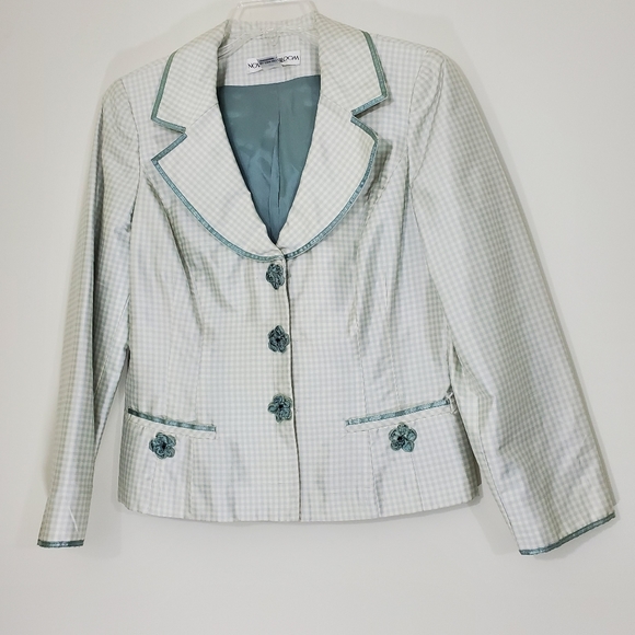 Noviello-Bloom Green/White Checked 100% Silk Vintage Jacket, Size 10. - Picture 4 of 16
